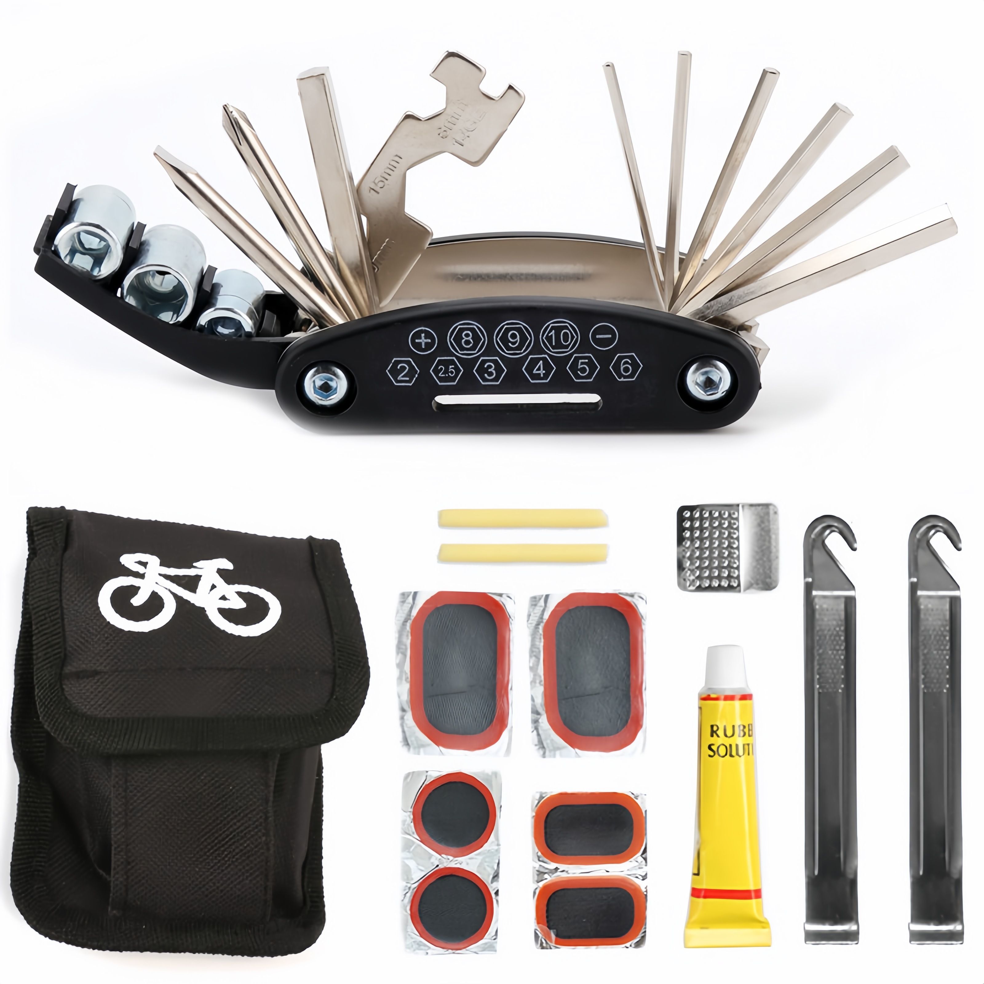 16 Pieces Bike Repair Tool Kit, 15 in 1 Bicycle Multi tool with Tire Levers Hex Spoke Wrench Chain Adjuster, Bicycle Tire Repair Kit, Multi Function Bike Accessories for Adult Bikes