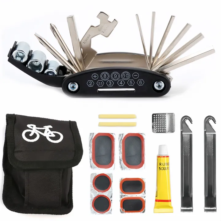 16 Pieces Bike Repair Tool Kit, 15 in 1 Bicycle Multi tool with Tire Levers Hex Spoke Wrench Chain Adjuster, Bicycle Tire Repair Kit, Multi Function Bike Accessories for Adult Bikes