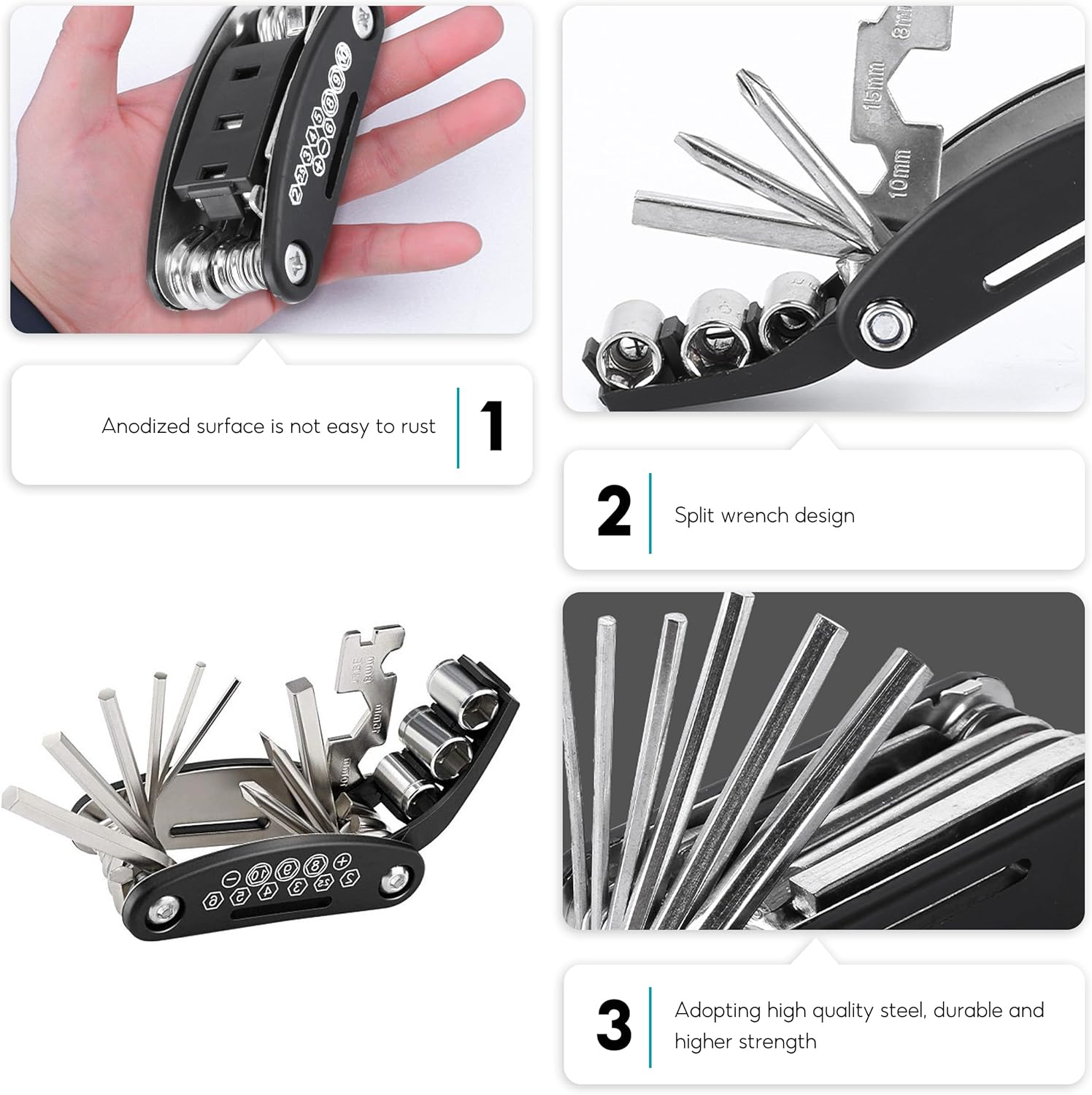 16 Pieces Bike Repair Tool Kit, 15 in 1 Bicycle Multi tool with Tire Levers Hex Spoke Wrench Chain Adjuster, Bicycle Tire Repair Kit, Multi Function Bike Accessories for Adult Bikes