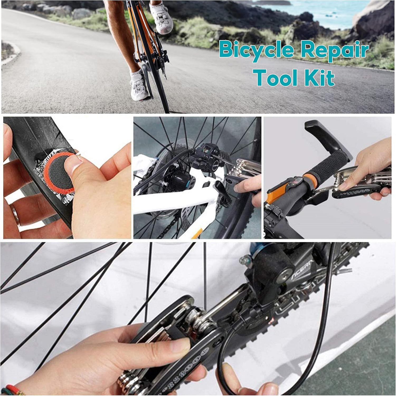 16 Pieces Bike Repair Tool Kit, 15 in 1 Bicycle Multi tool with Tire Levers Hex Spoke Wrench Chain Adjuster, Bicycle Tire Repair Kit, Multi Function Bike Accessories for Adult Bikes