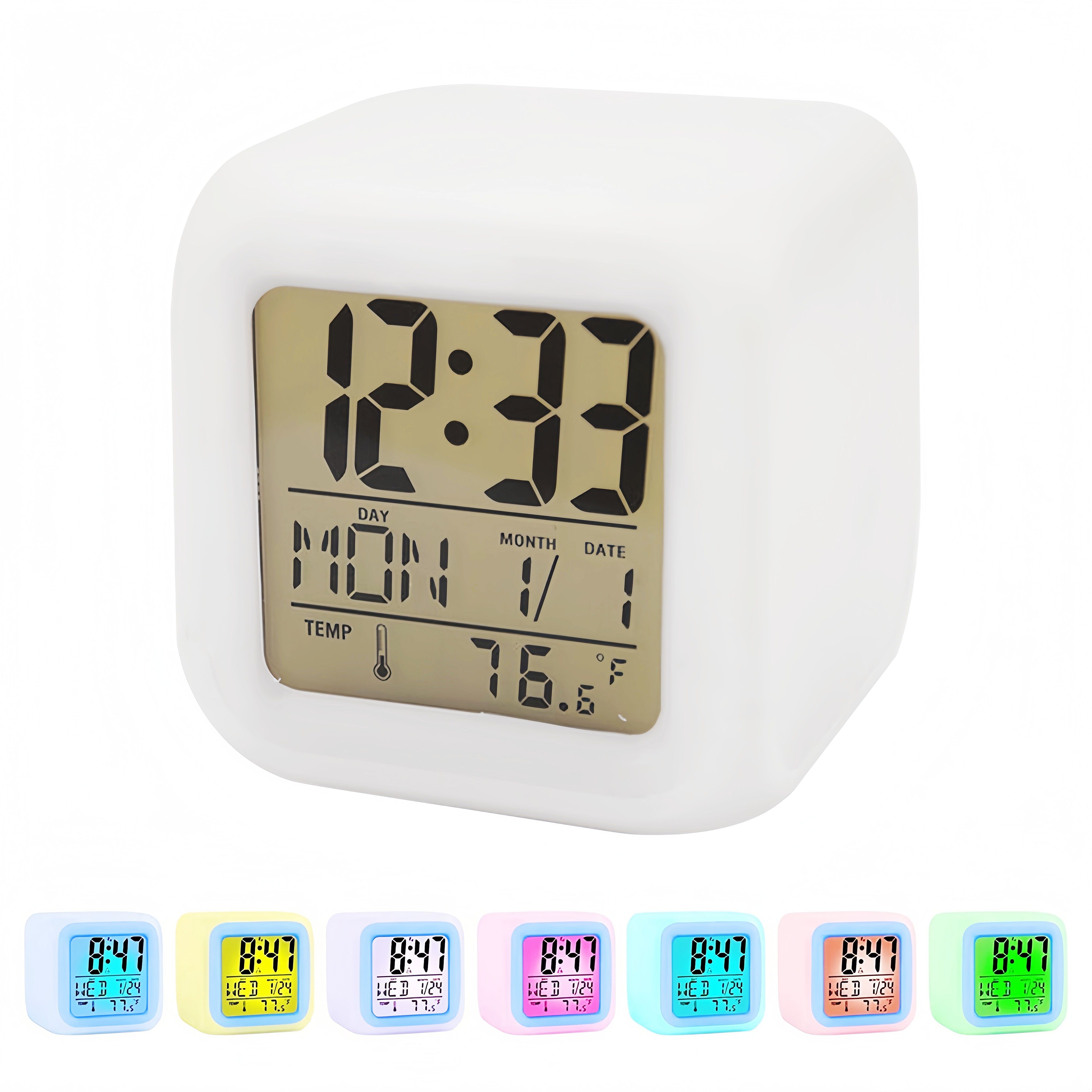 7 Colors Changing LED Digital Alarm Clock with Thermometer, RGB Night Light & Snooze Function, Modern Square Bedside Clock with LCD Display, Dimmable Light, Temperature Sensor, Multi-Color Options