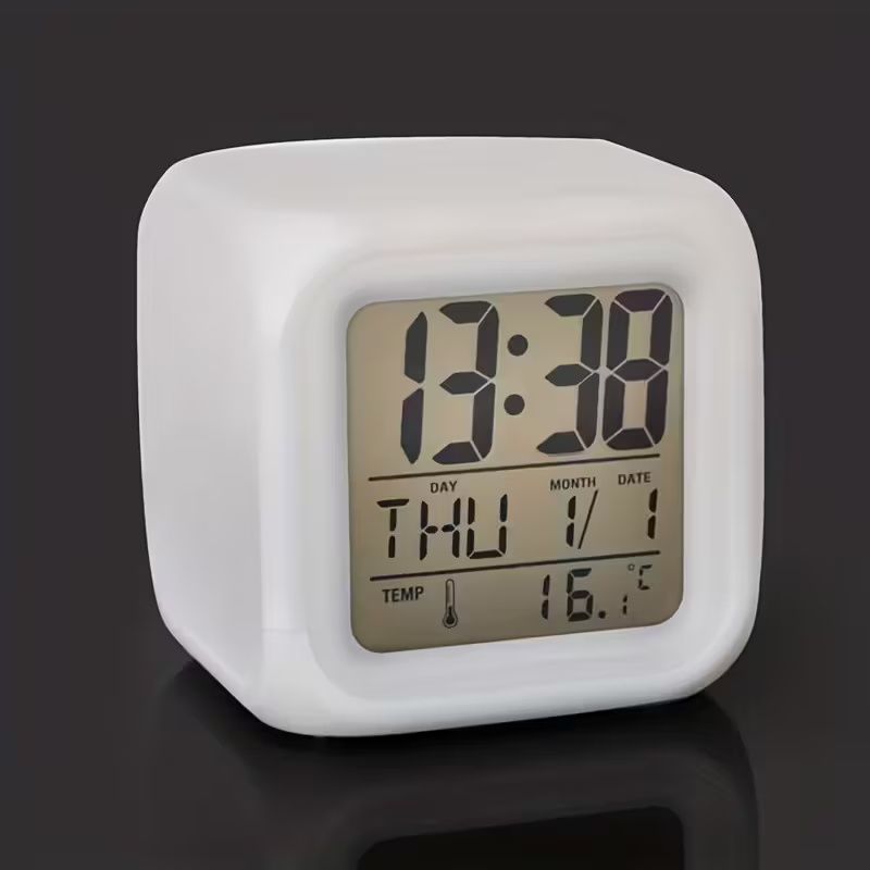 7 Colors Changing LED Digital Alarm Clock with Thermometer, RGB Night Light & Snooze Function, Modern Square Bedside Clock with LCD Display, Dimmable Light, Temperature Sensor, Multi-Color Options