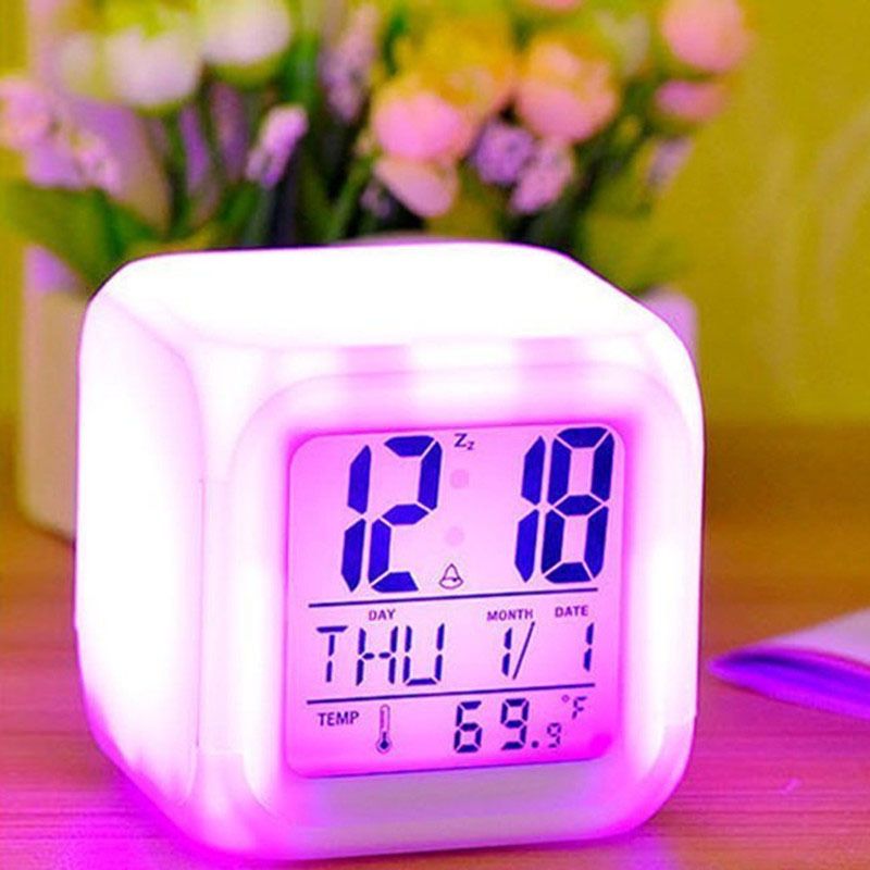 7 Colors Changing LED Digital Alarm Clock with Thermometer, RGB Night Light & Snooze Function, Modern Square Bedside Clock with LCD Display, Dimmable Light, Temperature Sensor, Multi-Color Options