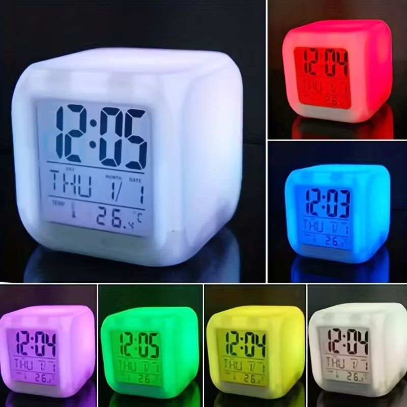 7 Colors Changing LED Digital Alarm Clock with Thermometer, RGB Night Light & Snooze Function, Modern Square Bedside Clock with LCD Display, Dimmable Light, Temperature Sensor, Multi-Color Options