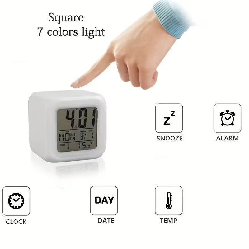 7 Colors Changing LED Digital Alarm Clock with Thermometer, RGB Night Light & Snooze Function, Modern Square Bedside Clock with LCD Display, Dimmable Light, Temperature Sensor, Multi-Color Options