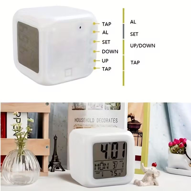 7 Colors Changing LED Digital Alarm Clock with Thermometer, RGB Night Light & Snooze Function, Modern Square Bedside Clock with LCD Display, Dimmable Light, Temperature Sensor, Multi-Color Options