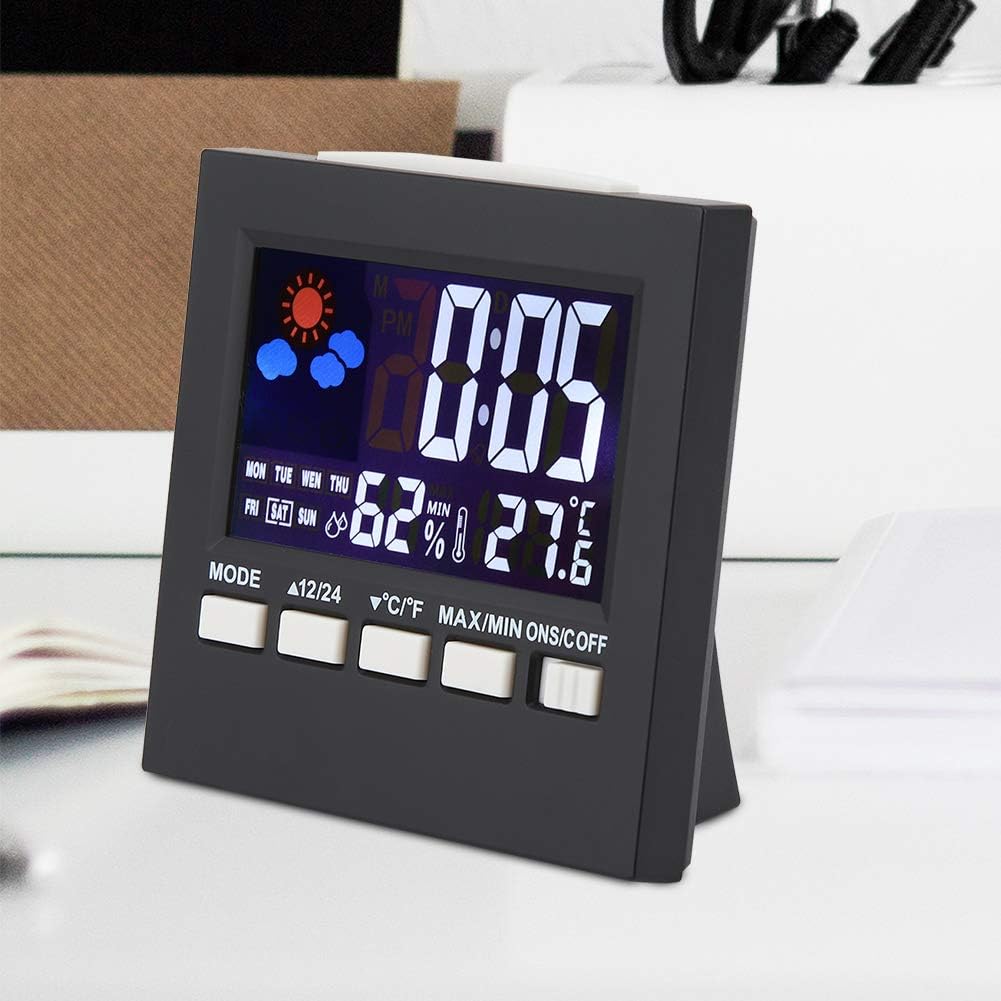 Handy Digital Alarm Clock Little Bedside Clocks Time Temperature Humidity 12/24H for Home Bedroom Office Travel Battery Operated (Battery Not Included)