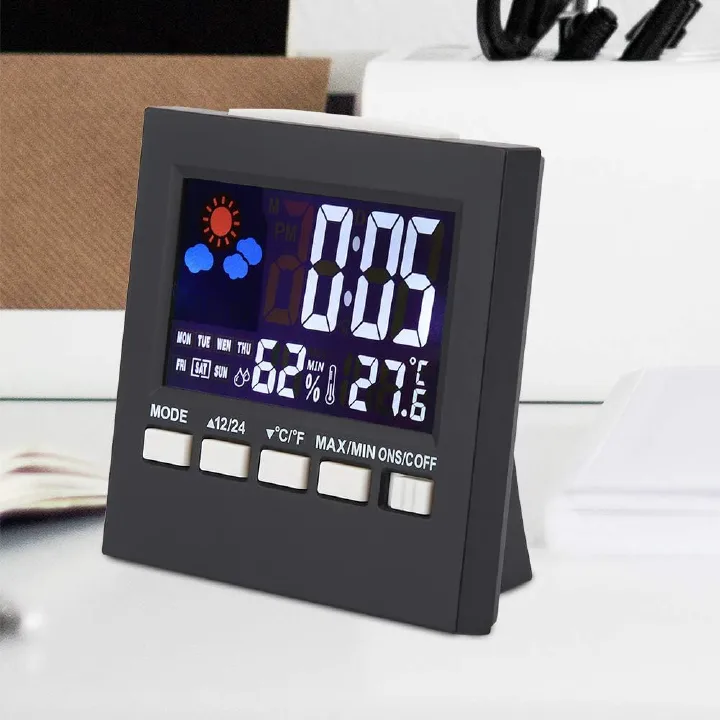 Handy Digital Alarm Clock Little Bedside Clocks Time Temperature Humidity 12/24H for Home Bedroom Office Travel Battery Operated (Battery Not Included)