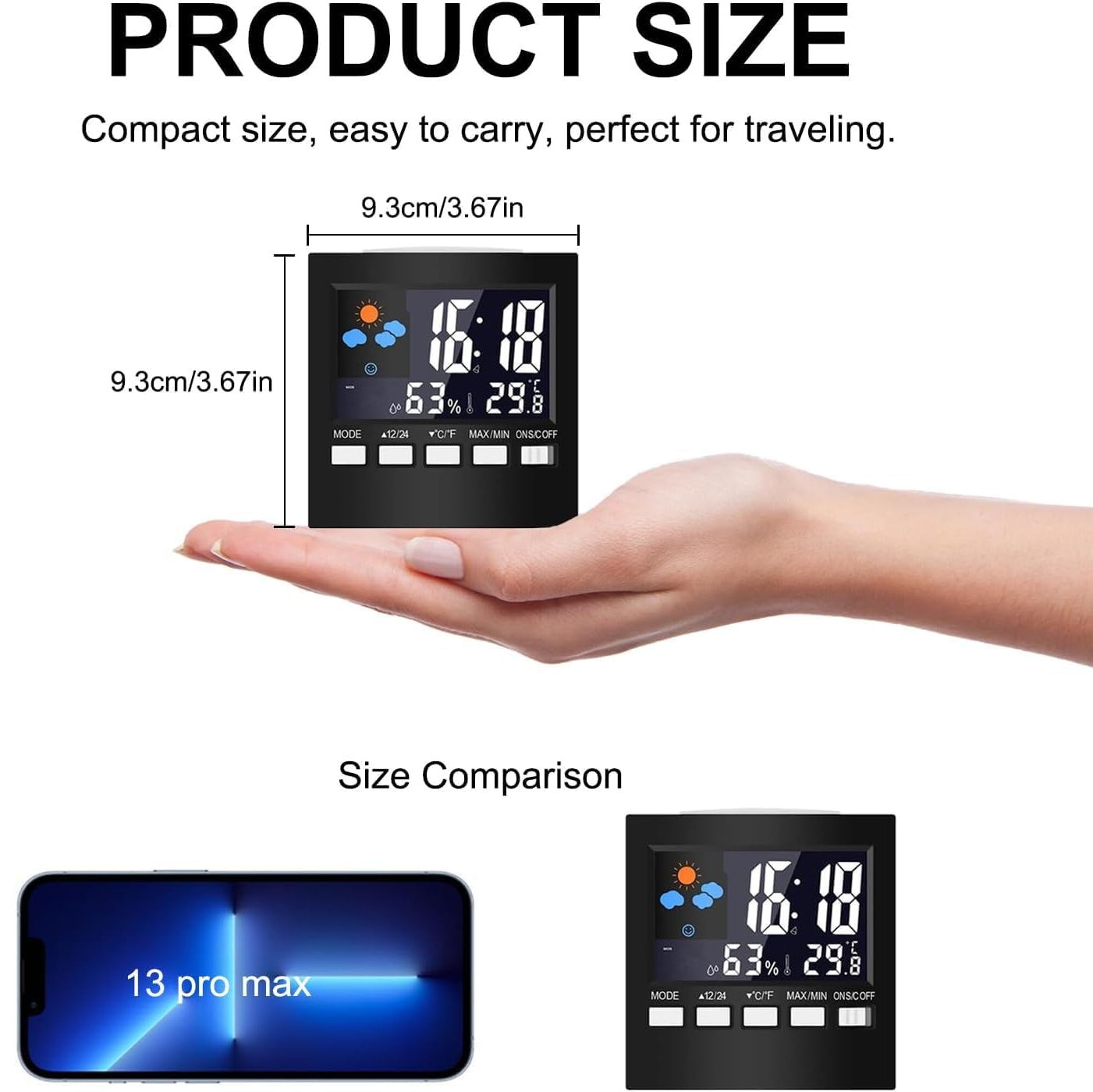 Handy Digital Alarm Clock Little Bedside Clocks Time Temperature Humidity 12/24H for Home Bedroom Office Travel Battery Operated (Battery Not Included)