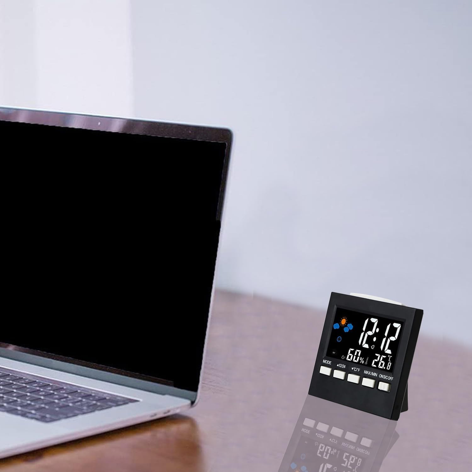 Handy Digital Alarm Clock Little Bedside Clocks Time Temperature Humidity 12/24H for Home Bedroom Office Travel Battery Operated (Battery Not Included)