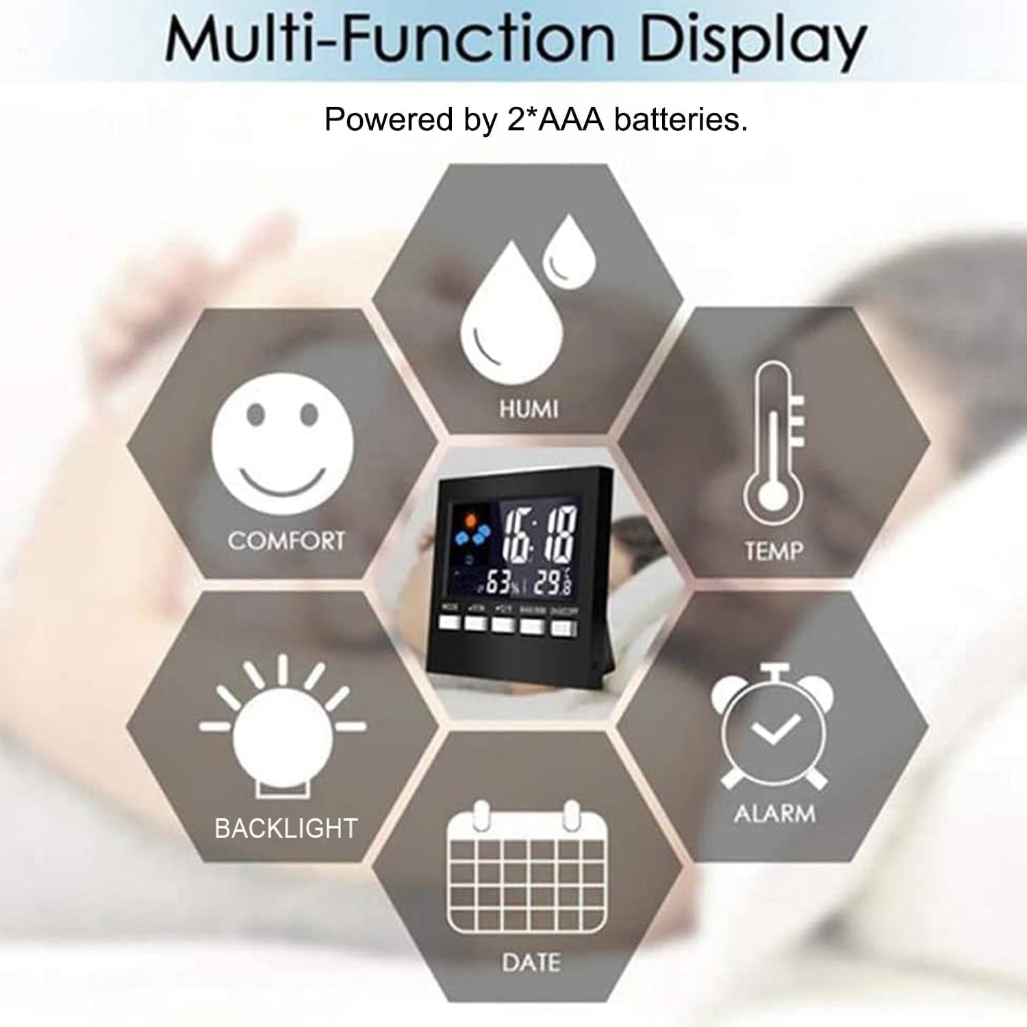 Handy Digital Alarm Clock Little Bedside Clocks Time Temperature Humidity 12/24H for Home Bedroom Office Travel Battery Operated (Battery Not Included)