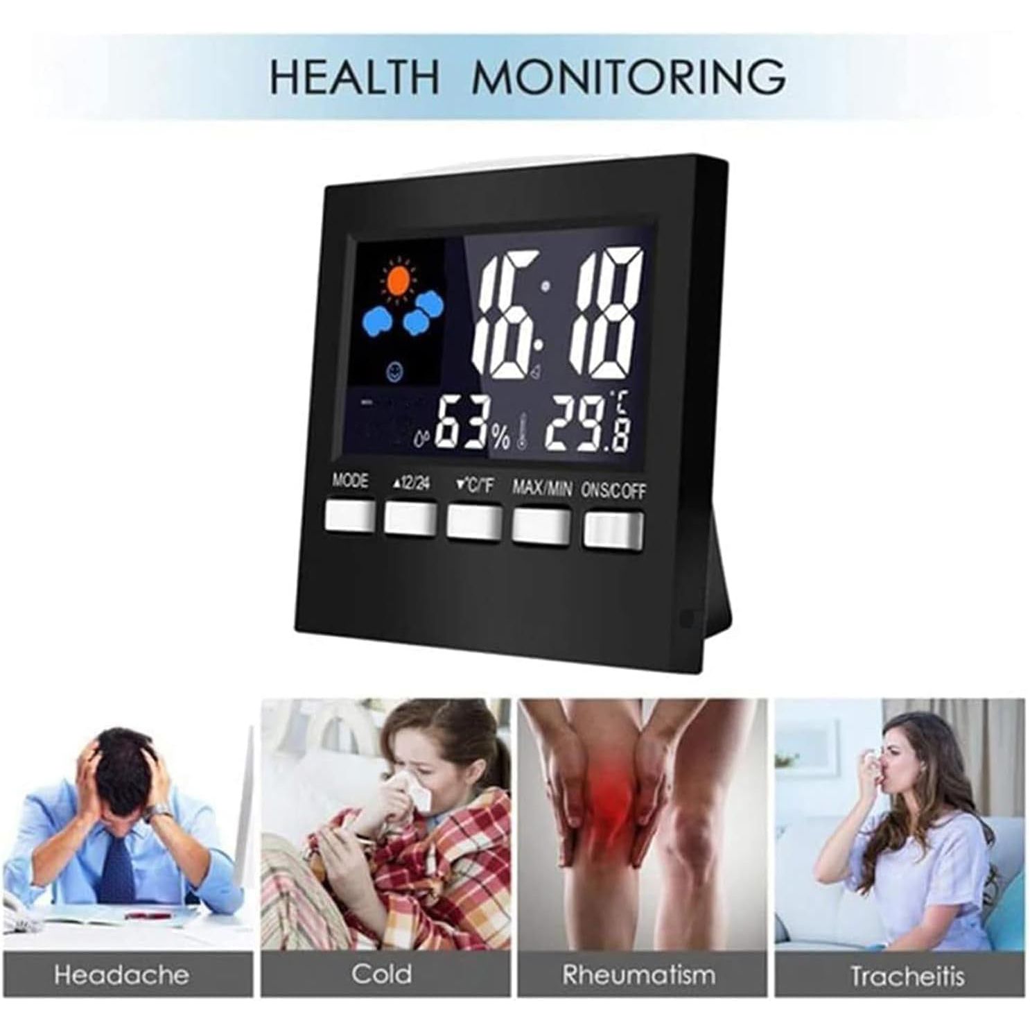 Handy Digital Alarm Clock Little Bedside Clocks Time Temperature Humidity 12/24H for Home Bedroom Office Travel Battery Operated (Battery Not Included)