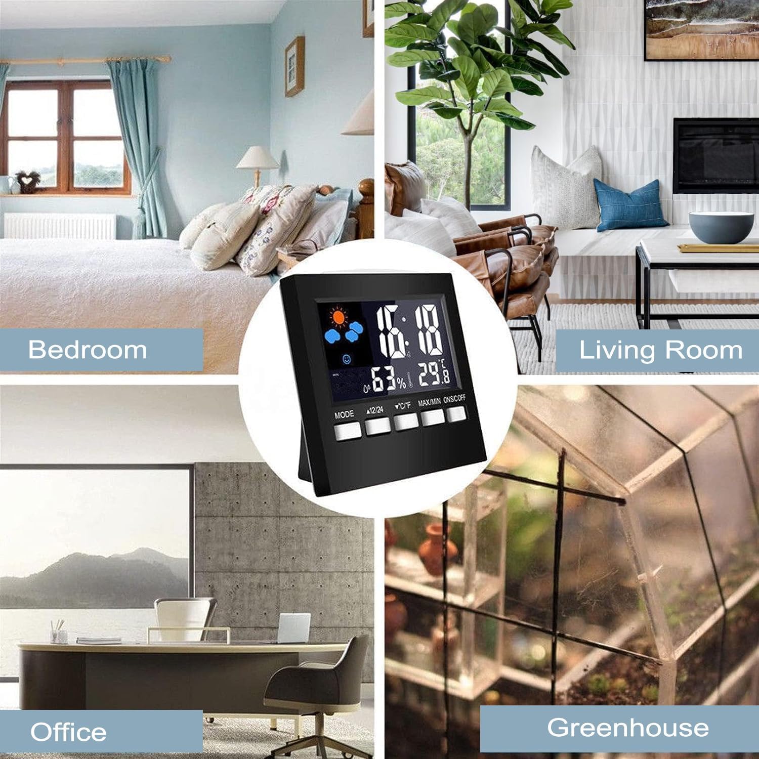 Handy Digital Alarm Clock Little Bedside Clocks Time Temperature Humidity 12/24H for Home Bedroom Office Travel Battery Operated (Battery Not Included)