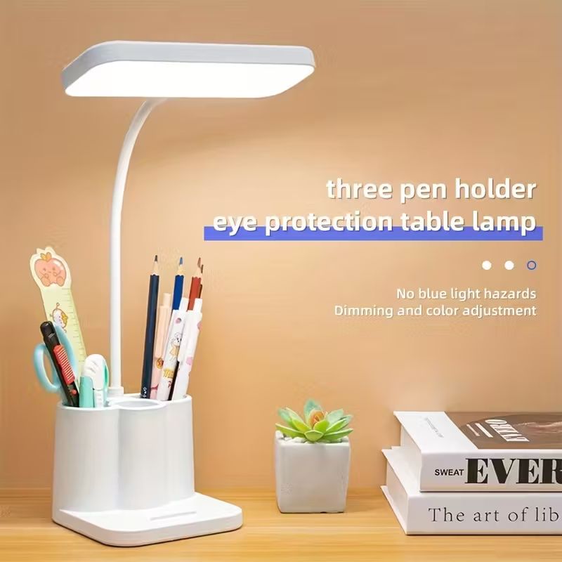 Touch adjustable rechargeable LED stand desk lamp, USB charging, with pen holder, suitable for home office, study, reading, can be used as a phone stand night light, 3 color temperature modes