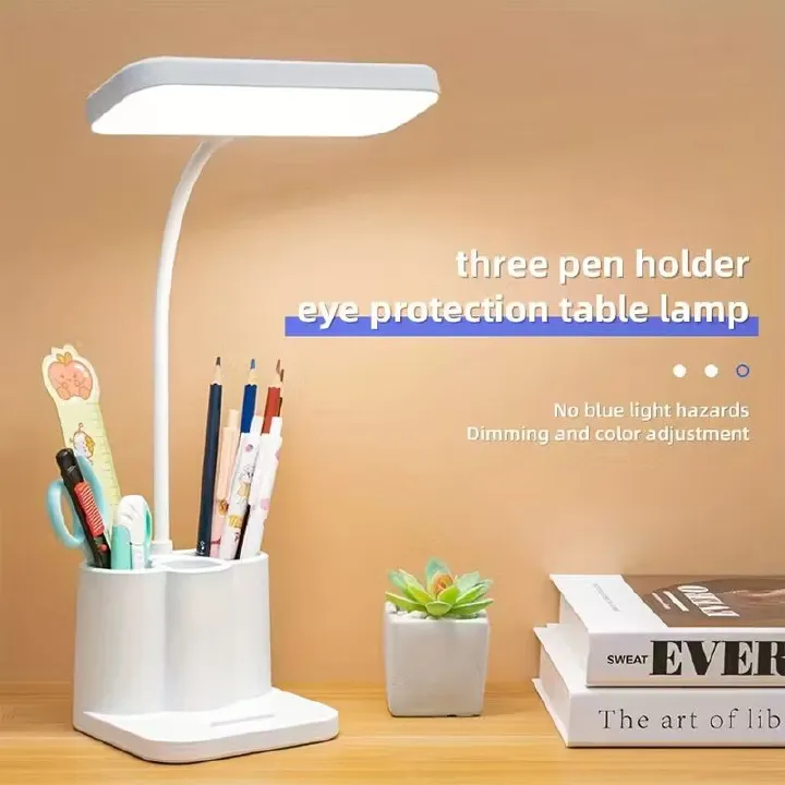 Touch adjustable rechargeable LED stand desk lamp, USB charging, with pen holder, suitable for home office, study, reading, can be used as a phone stand night light, 3 color temperature modes