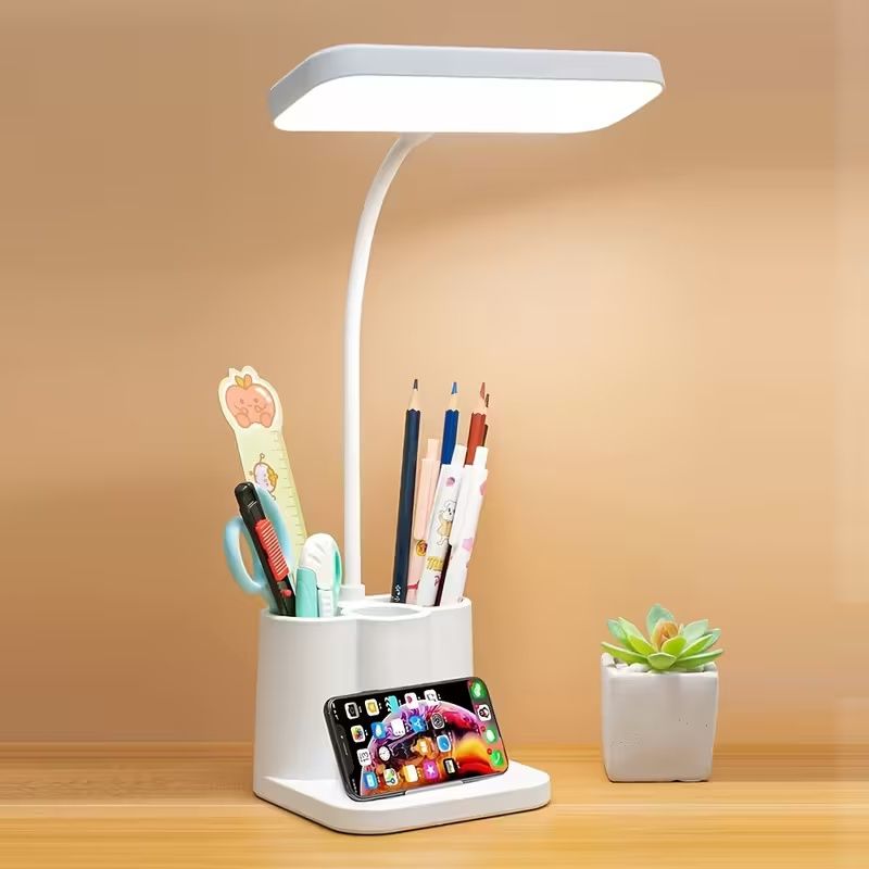 Touch adjustable rechargeable LED stand desk lamp, USB charging, with pen holder, suitable for home office, study, reading, can be used as a phone stand night light, 3 color temperature modes