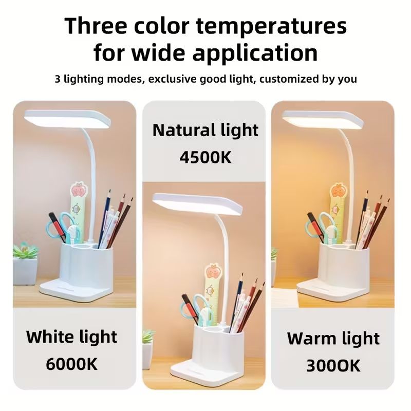 Touch adjustable rechargeable LED stand desk lamp, USB charging, with pen holder, suitable for home office, study, reading, can be used as a phone stand night light, 3 color temperature modes