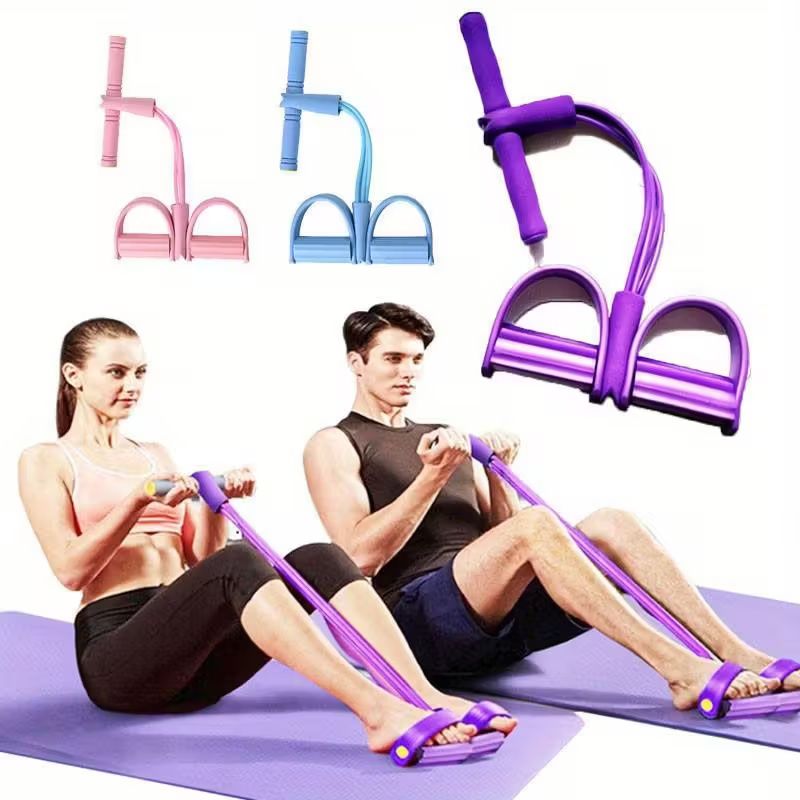 4 Tube Pedal Ankle Puller Sit Up Leg Stretch Rope Exercise Bands with Handles, Yoga Strap Bodybuilding Expander, Fitness Equipment Waist, Arm, Stretching Slimming Training Fitness Resistance Bands
