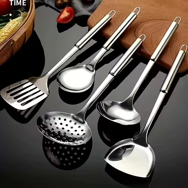 Stainless Steel Kitchen Utensils Set, 5Pcs Metal Cooking Utensils Set, Heat Resistant Kitchen Tool Set with Slotted Spoon, Slotted Spatula, Large Spoon, Soup, Spatula Set