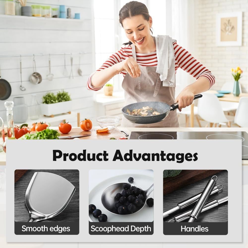 Stainless Steel Kitchen Utensils Set, 5Pcs Metal Cooking Utensils Set, Heat Resistant Kitchen Tool Set with Slotted Spoon, Slotted Spatula, Large Spoon, Soup, Spatula Set