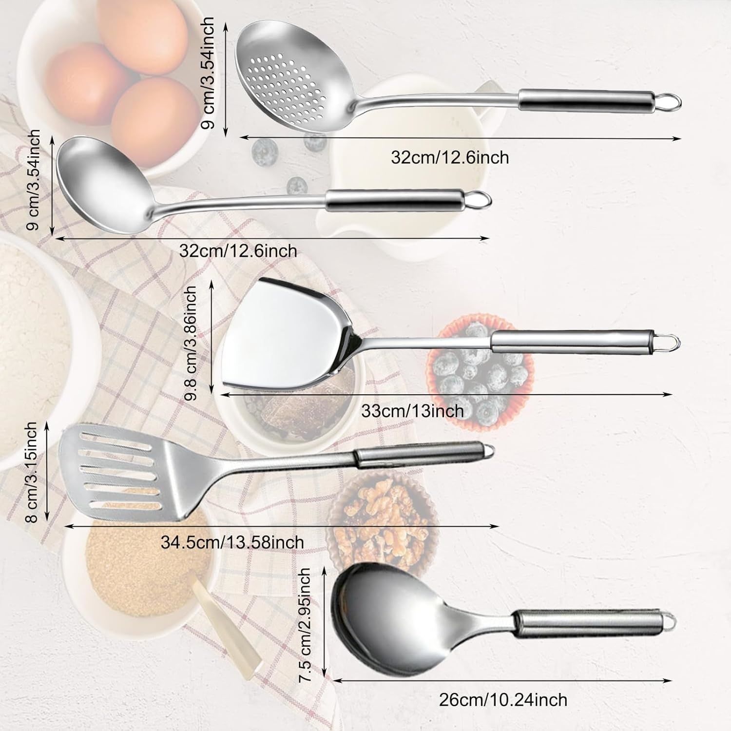 Stainless Steel Kitchen Utensils Set, 5Pcs Metal Cooking Utensils Set, Heat Resistant Kitchen Tool Set with Slotted Spoon, Slotted Spatula, Large Spoon, Soup, Spatula Set