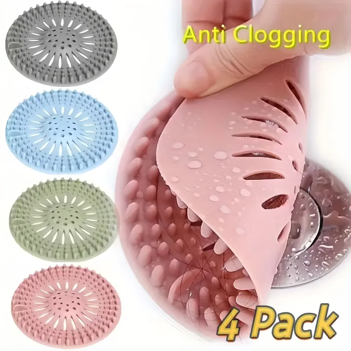 4-Pack Silicone Hair Catcher with Heart-Shaped Drain Protector - Pastel Colors (Blue, Pink, Green,Gray) | Easy-to-Clean & Install, Fit for Bathroom & Kitchen Sinks,Nonslip Design, Sink Strainer