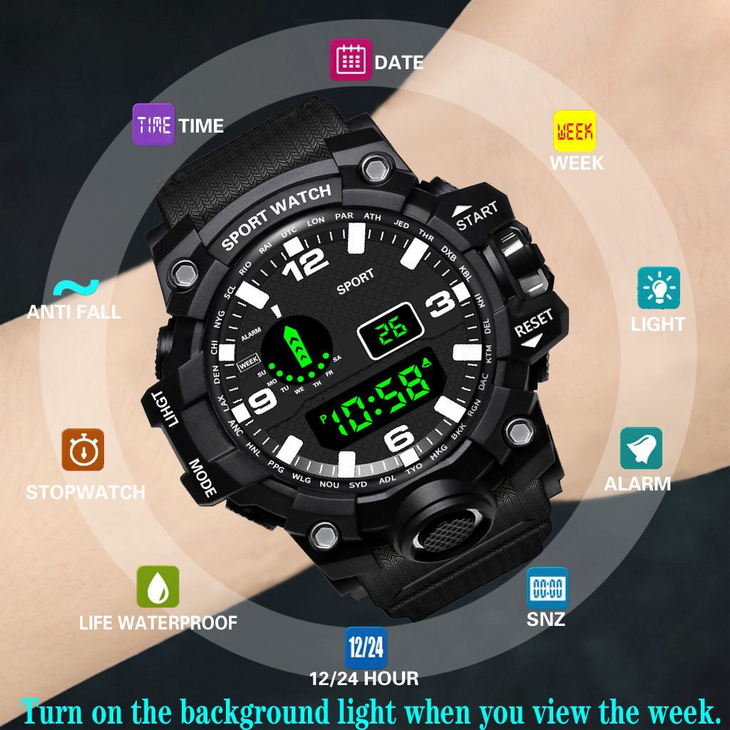 Sport Watch Digital Waterproof Watches Sport Military Tactical Analogue Watch Outdoor Electronic Ladies Wrist Watch LED Luminous Alarm Stopwatch Calendar Week Watches