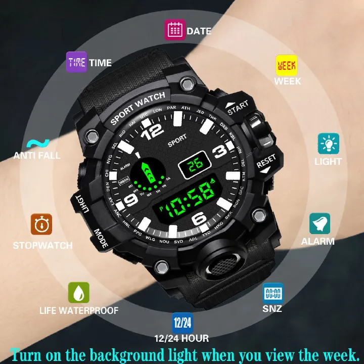 Sport Watch Digital Waterproof Watches Sport Military Tactical Analogue Watch Outdoor Electronic Ladies Wrist Watch LED Luminous Alarm Stopwatch Calendar Week Watches