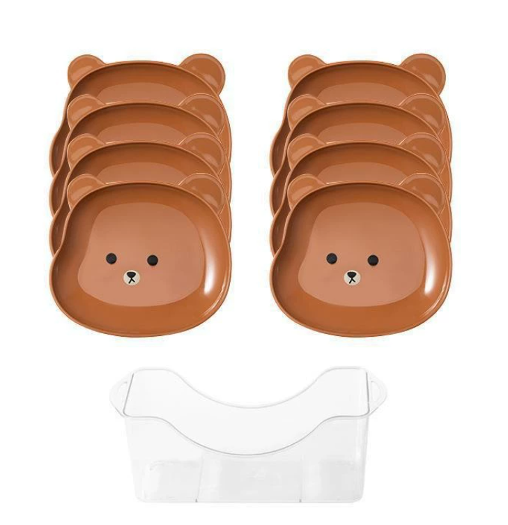 Food Grade 8Pcs Plate with Stand Cartoon Bear Shape Reusable Plastic Plate Multi-function Creative Spit Bone Dish Household Dish Elliptical Plate Set Dining Table Garbage Platel
