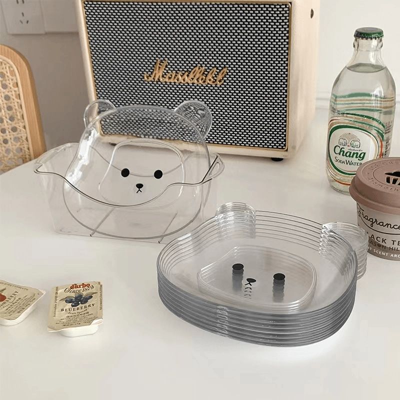 Food Grade 8Pcs Plate with Stand Cartoon Bear Shape Reusable Plastic Plate Multi-function Creative Spit Bone Dish Household Dish Elliptical Plate Set Dining Table Garbage Platel