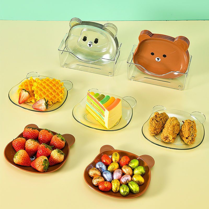 Food Grade 8Pcs Plate with Stand Cartoon Bear Shape Reusable Plastic Plate Multi-function Creative Spit Bone Dish Household Dish Elliptical Plate Set Dining Table Garbage Platel