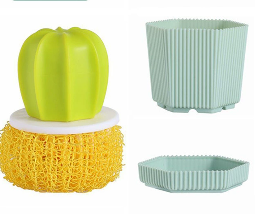 【Clearance Sale】Dish Scrub Brush, Ergonomic Grip Brush Dish Scrubber with Flowerpot Shape Draining Holder, Kitchen Cleaning Scrub Brushes for Scrubbing and Washing Dishes
