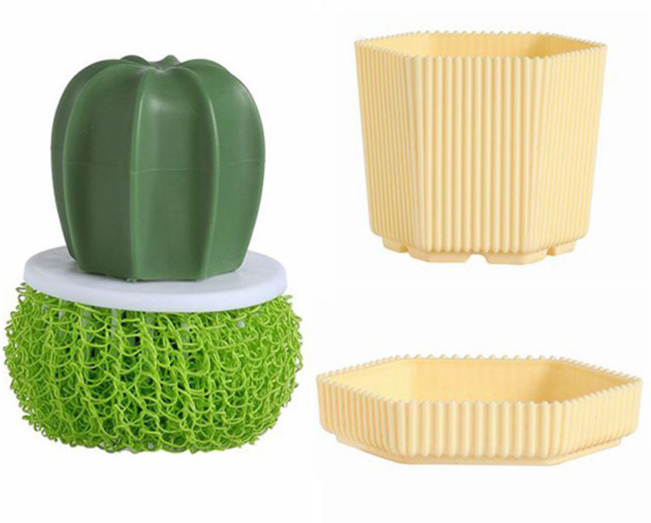 【Clearance Sale】Dish Scrub Brush, Ergonomic Grip Brush Dish Scrubber with Flowerpot Shape Draining Holder, Kitchen Cleaning Scrub Brushes for Scrubbing and Washing Dishes