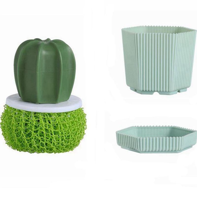 【Clearance Sale】Dish Scrub Brush, Ergonomic Grip Brush Dish Scrubber with Flowerpot Shape Draining Holder, Kitchen Cleaning Scrub Brushes for Scrubbing and Washing Dishes