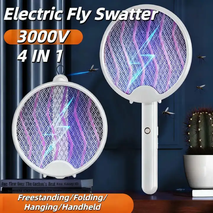 3000V Electric Fly Swatter racket for Indoor and Outdoor,4 in 1 Portable mosquito repellent, Foldable fly trap, Rechargeable with Improved Battery Life, Electric fly zapper USB Cable