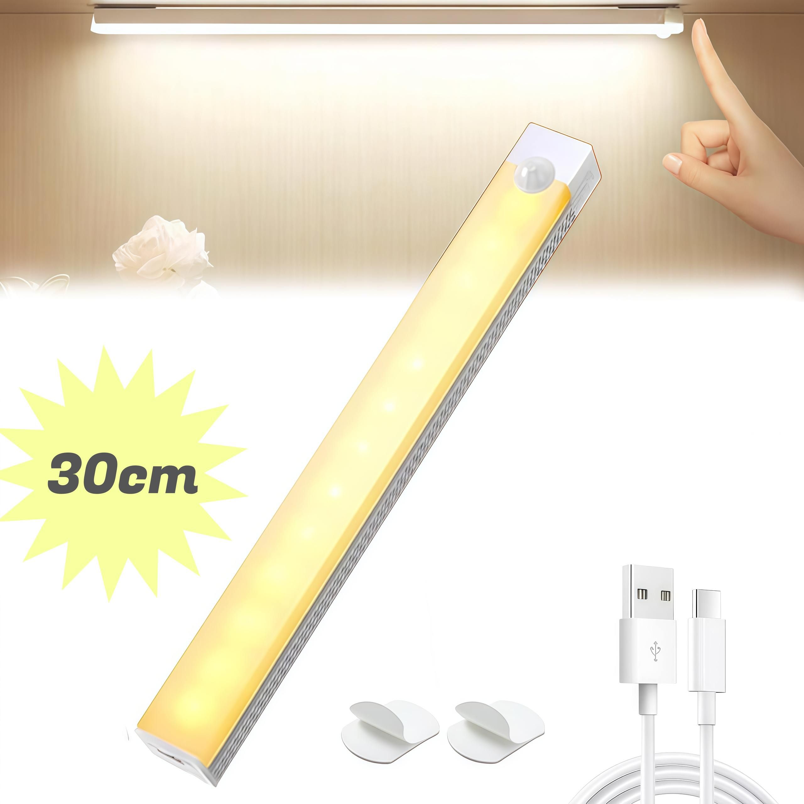 LED Motion Sensor Bars Lights - 30cm Wireless Under Cabinet Lighting, LED Closet Lights, Build in Rechargeable Battery, Stick-on Magnetic Motion Sensor Light Indoor for Kitchen, Stairway