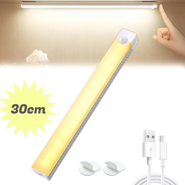 LED Motion Sensor Bars Lights - 30cm Wireless Under Cabinet Lighting, LED Closet Lights, Build in Rechargeable Battery, Stick-on Magnetic Motion Sensor Light Indoor for Kitchen, Stairway
