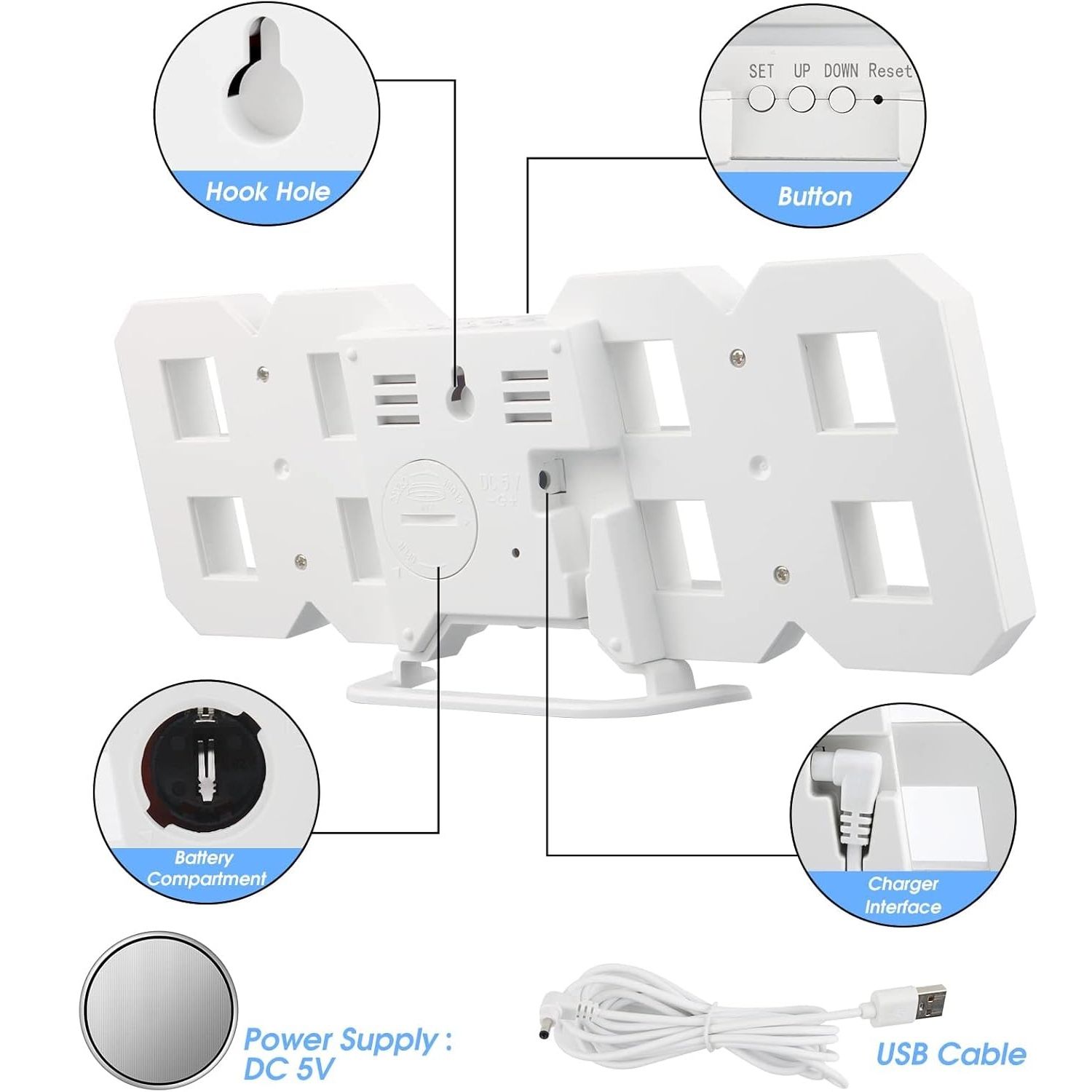 【Final Clearance】3D Digital Alarm Clock for Bedrooms, LED Desk USB Electrify Digital Wall Alarm Clock for Office Home Living Room