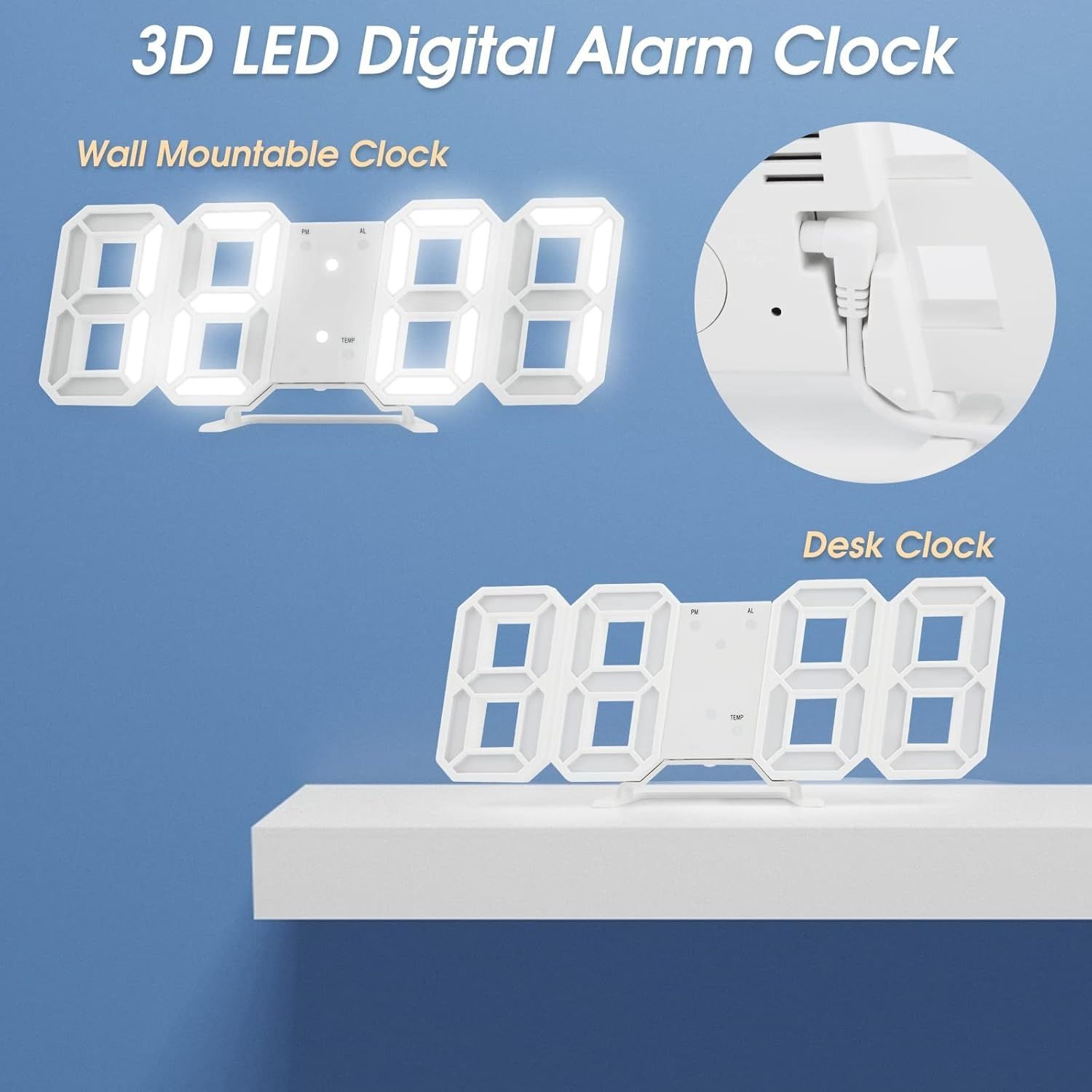 【Final Clearance】3D Digital Alarm Clock for Bedrooms, LED Desk USB Electrify Digital Wall Alarm Clock for Office Home Living Room