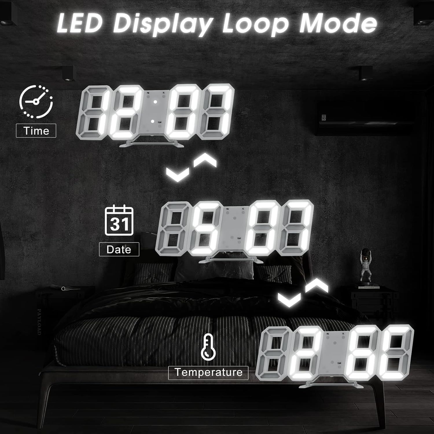 【Final Clearance】3D Digital Alarm Clock for Bedrooms, LED Desk USB Electrify Digital Wall Alarm Clock for Office Home Living Room