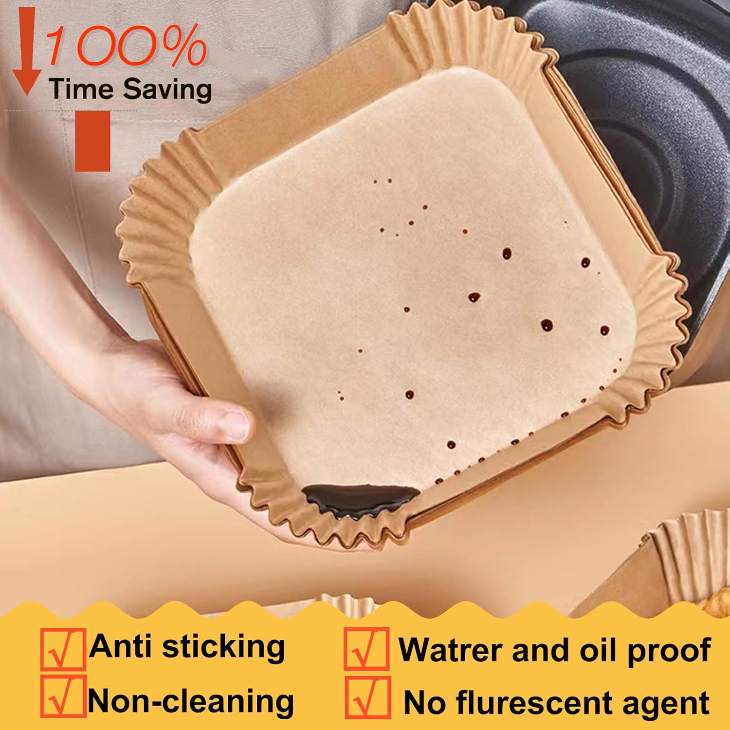 Air Fryer Paper Liners 100Pcs 20cm Non stick and oil resistant square lined air fryer parchment paper easy to clean, durable, food grade - suitable for air fryers, ovens and microwaves