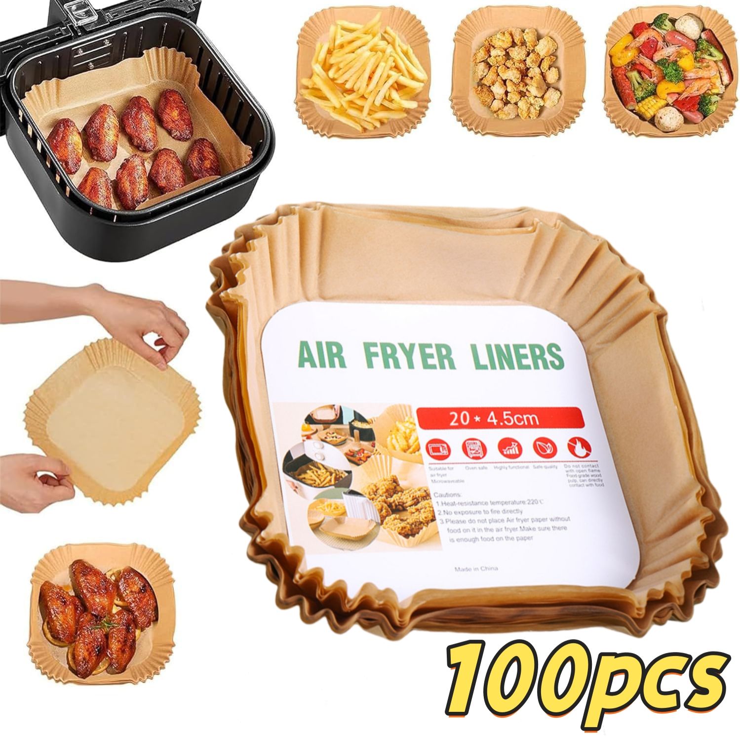 Air Fryer Paper Liners 100Pcs 20cm Non stick and oil resistant square lined air fryer parchment paper easy to clean, durable, food grade - suitable for air fryers, ovens and microwaves