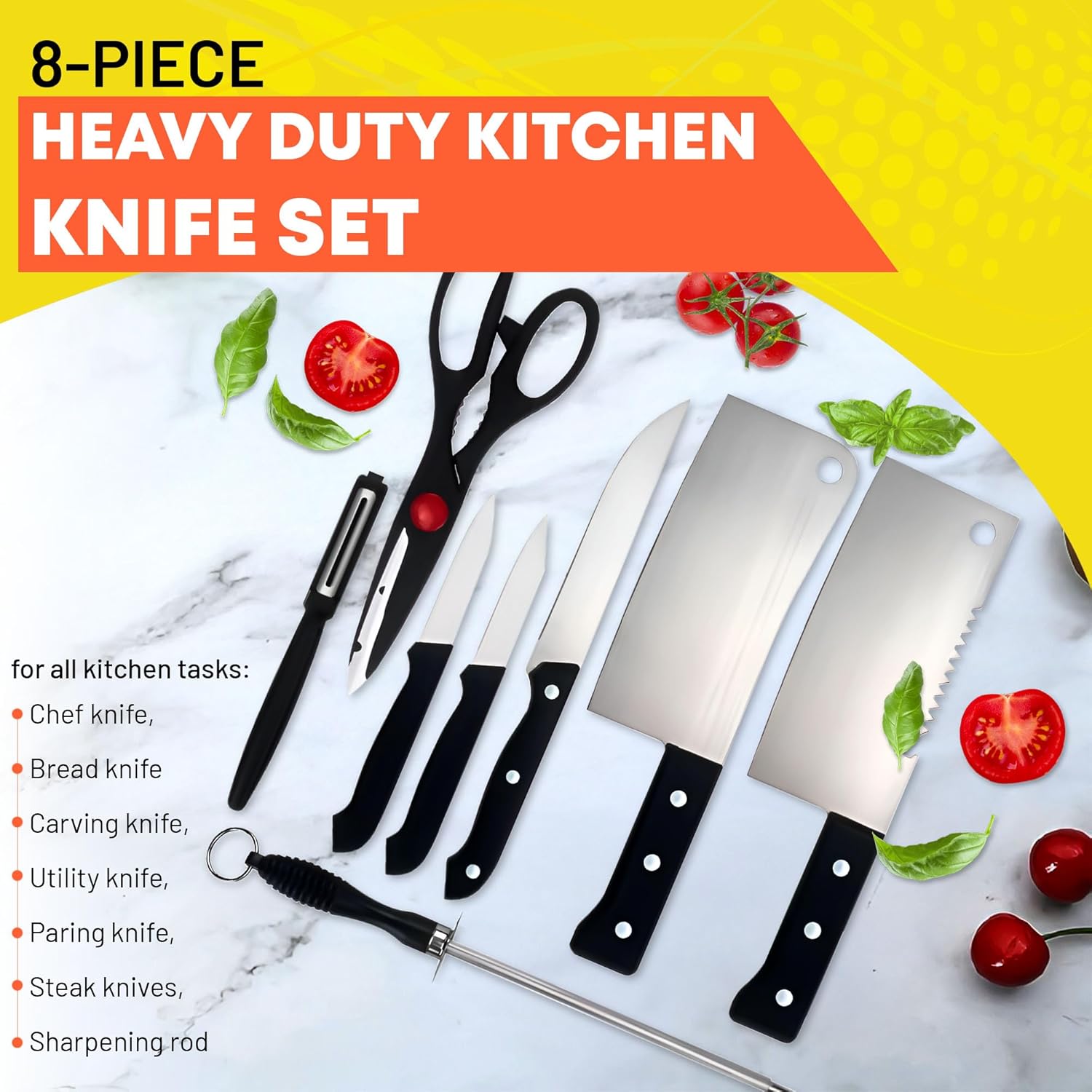 【Final Clearance】8 Piece Heavy Duty Knife Set Chef Bread Vegetable Meat Bone Slicing Mince Chopping Cutting Utility All in One Sharpener Kitchen Essentials Scissors Rust-resistant Stainless Steel