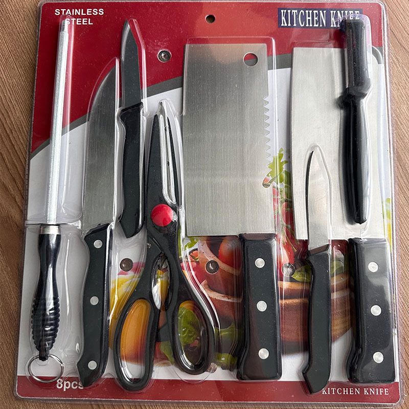 【Final Clearance】8 Piece Heavy Duty Knife Set Chef Bread Vegetable Meat Bone Slicing Mince Chopping Cutting Utility All in One Sharpener Kitchen Essentials Scissors Rust-resistant Stainless Steel