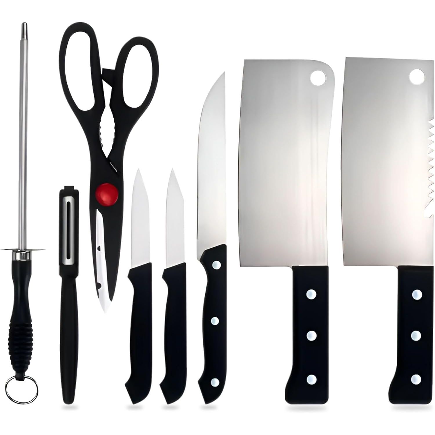【Final Clearance】8 Piece Heavy Duty Knife Set Chef Bread Vegetable Meat Bone Slicing Mince Chopping Cutting Utility All in One Sharpener Kitchen Essentials Scissors Rust-resistant Stainless Steel