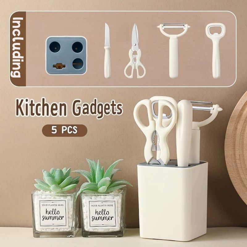 【Clearance Sale】Knife Set with Block, 5 Piece Kitchen Knife Sets with Stainless Steel Knives Scissors and Peeler for Veg Fruit Meat Steak