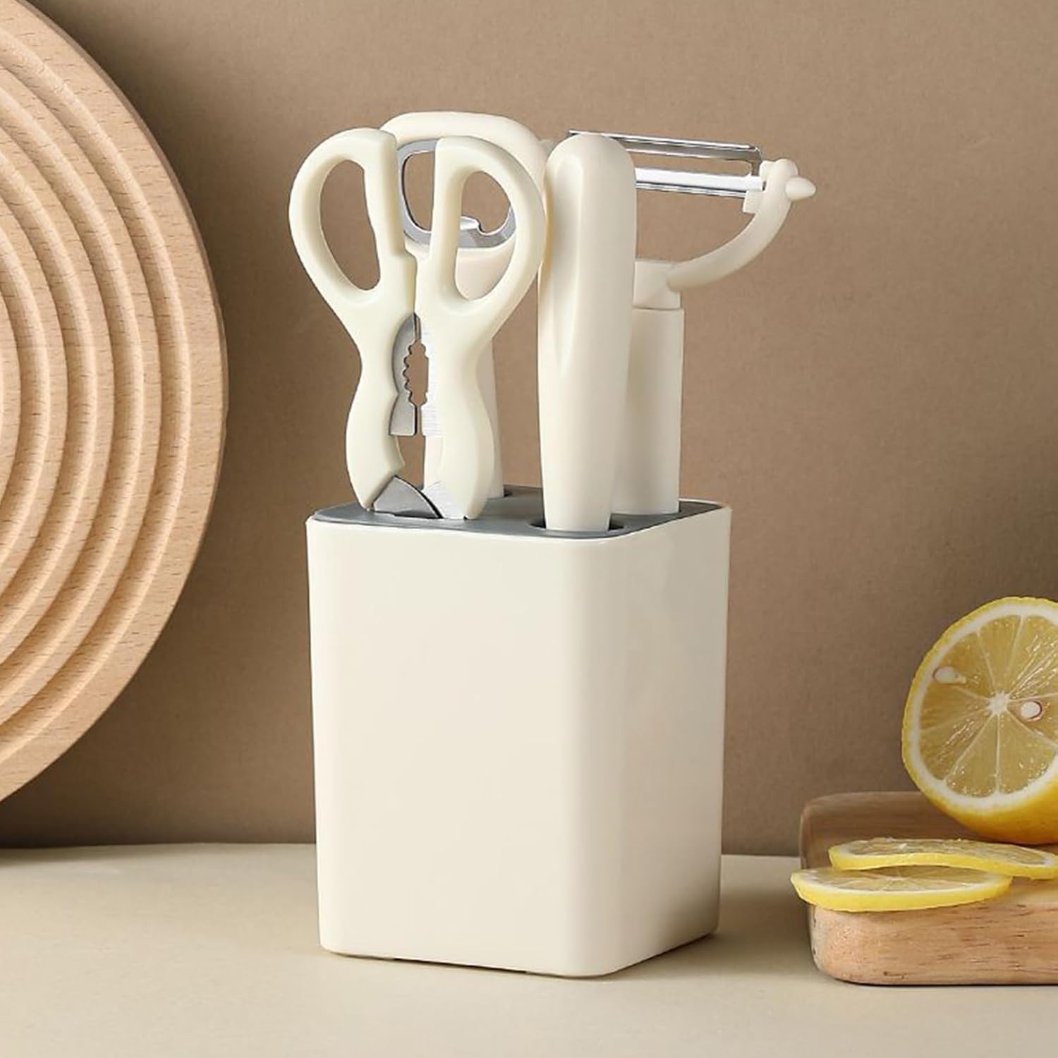 【Clearance Sale】Knife Set with Block, 5 Piece Kitchen Knife Sets with Stainless Steel Knives Scissors and Peeler for Veg Fruit Meat Steak