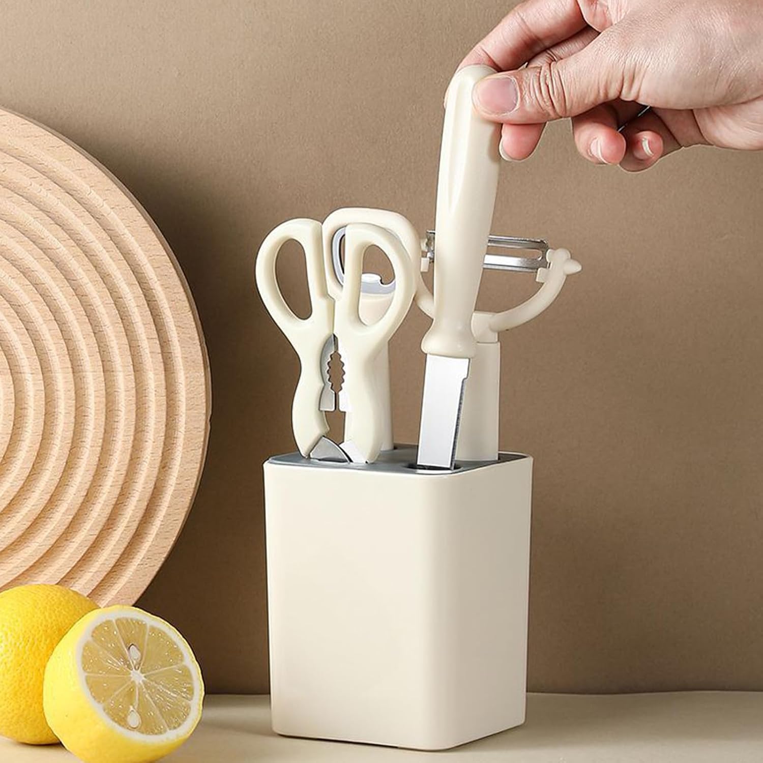 【Clearance Sale】Knife Set with Block, 5 Piece Kitchen Knife Sets with Stainless Steel Knives Scissors and Peeler for Veg Fruit Meat Steak