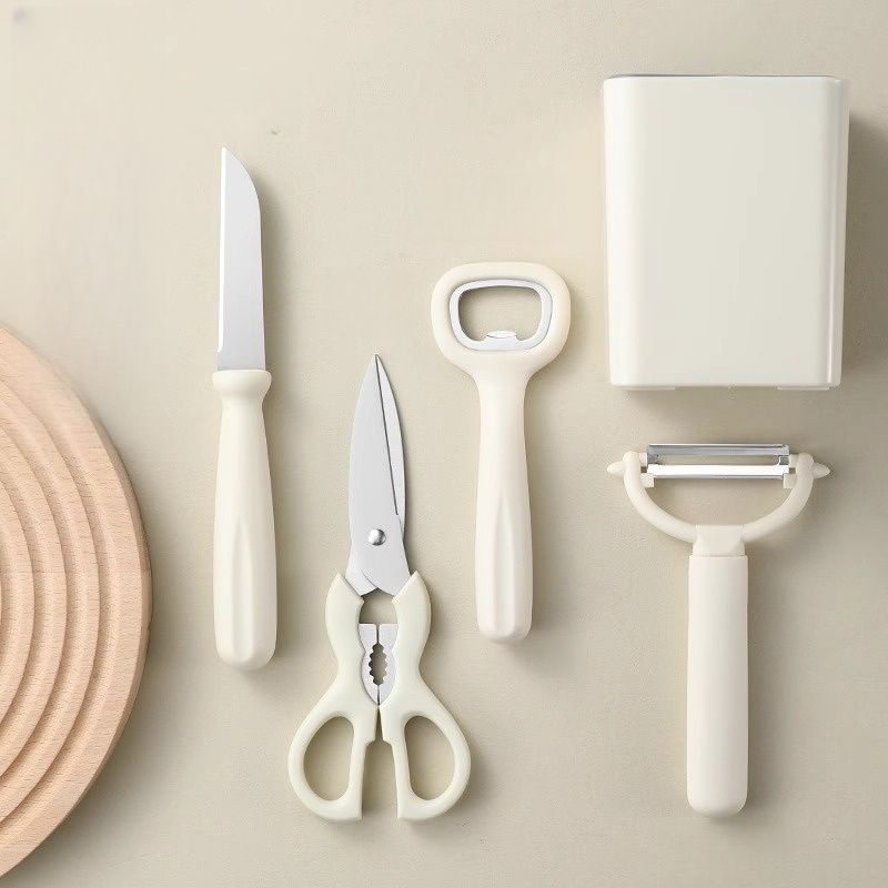 【Clearance Sale】Knife Set with Block, 5 Piece Kitchen Knife Sets with Stainless Steel Knives Scissors and Peeler for Veg Fruit Meat Steak