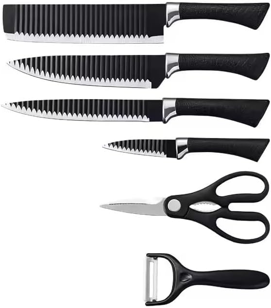 6-Piece Kitchen Knife Set, Non-Stick Coated Wavy-Grained Metal Blades, Non-Slip Ergonomic Handle, Lightweight Rustproof Sharp Chef's Knives for Home Cooking Restaurant Camping